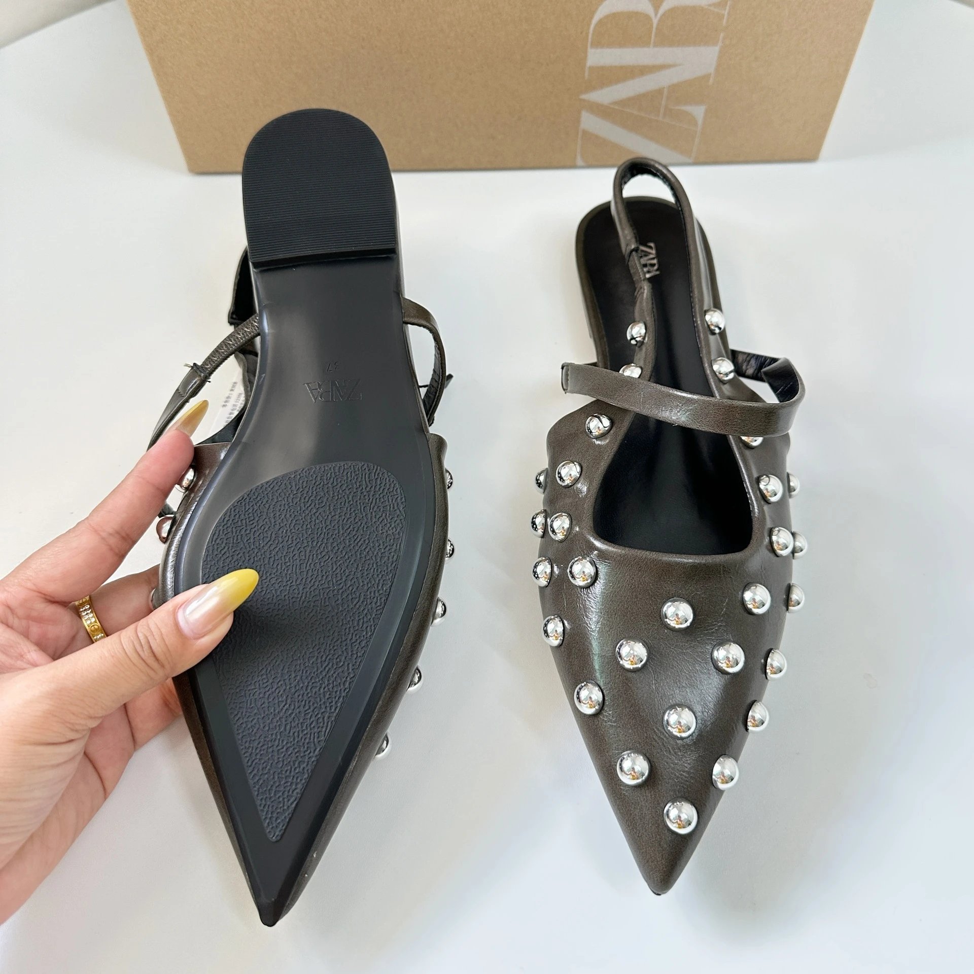 Zara Studded Pointed-Toe Slingback Loafers Brown - 4