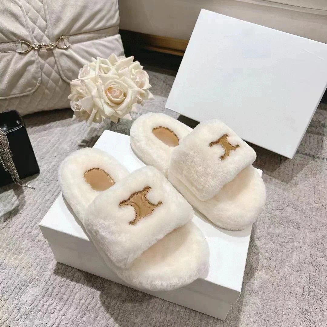 Celine Slippers Triomphe Logo Faux-Fur Slide image 4