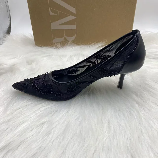 Zara High Heels Pointed-Toe Mesh Embroidered Pearl Pumps product detail image 4