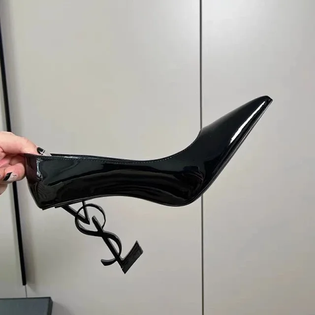 Saint Laurent High Heels Pointed-Toe Patent Pumps with YSL Monogram Heel product detail image 1