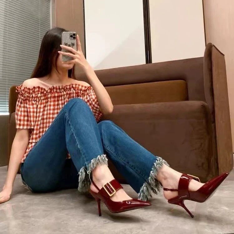 Unbranded High Heels Patent Pointed-Toe Slingback Buckle image 4