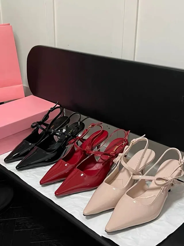 Unbranded High Heels Pointed-Toe Patent Slingback Bow product detail image 1