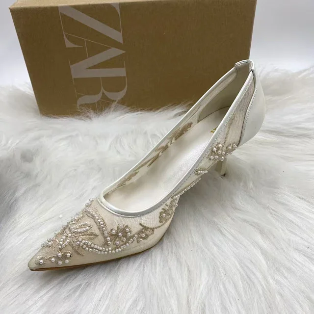 Zara High Heels Pointed-Toe Mesh Embroidered Pearl Pumps product detail image 3