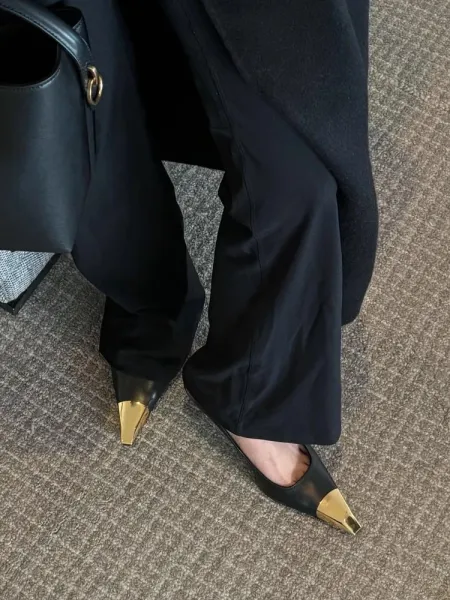 Tiberium Paris Pointed-Toe Stiletto Heel with Gold Cap Black Heels - 7