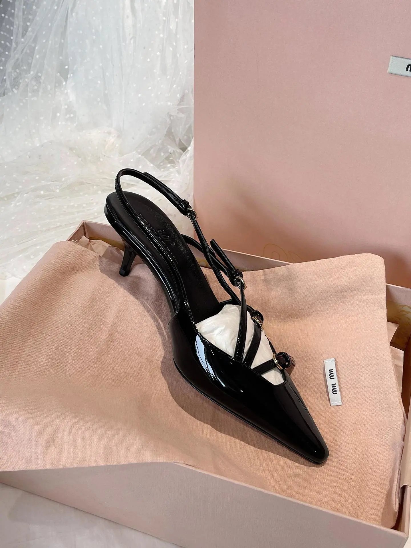 Burgundy Patent Leather Strappy Pointed-Toe Slingback Heels - 6