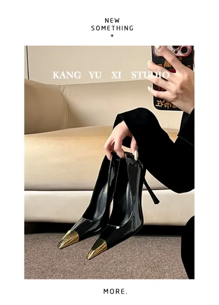 Tiberium Paris Pointed-Toe Stiletto Heel with Gold Cap Black Heels - 23