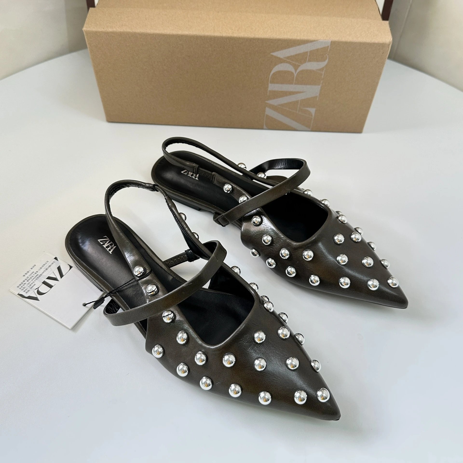 Zara Studded Pointed-Toe Slingback Loafers Brown - 2