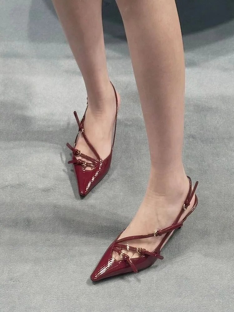 Burgundy Patent Leather Strappy Pointed-Toe Slingback Heels - 9