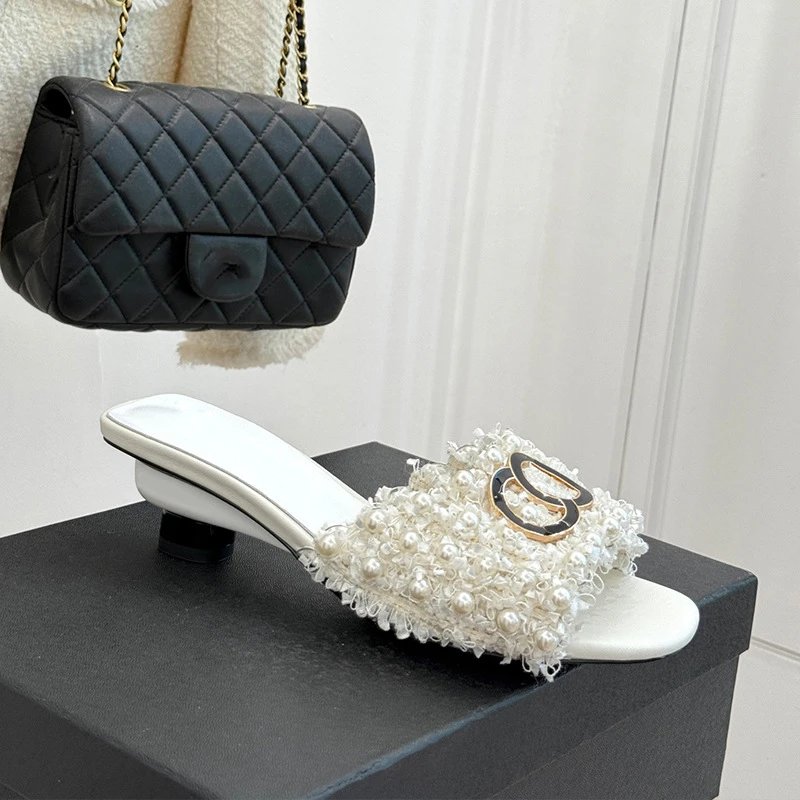 Chanel Sandals Pearl-Embellished Open-Toe Block-Heel Mules — White - Correct Version