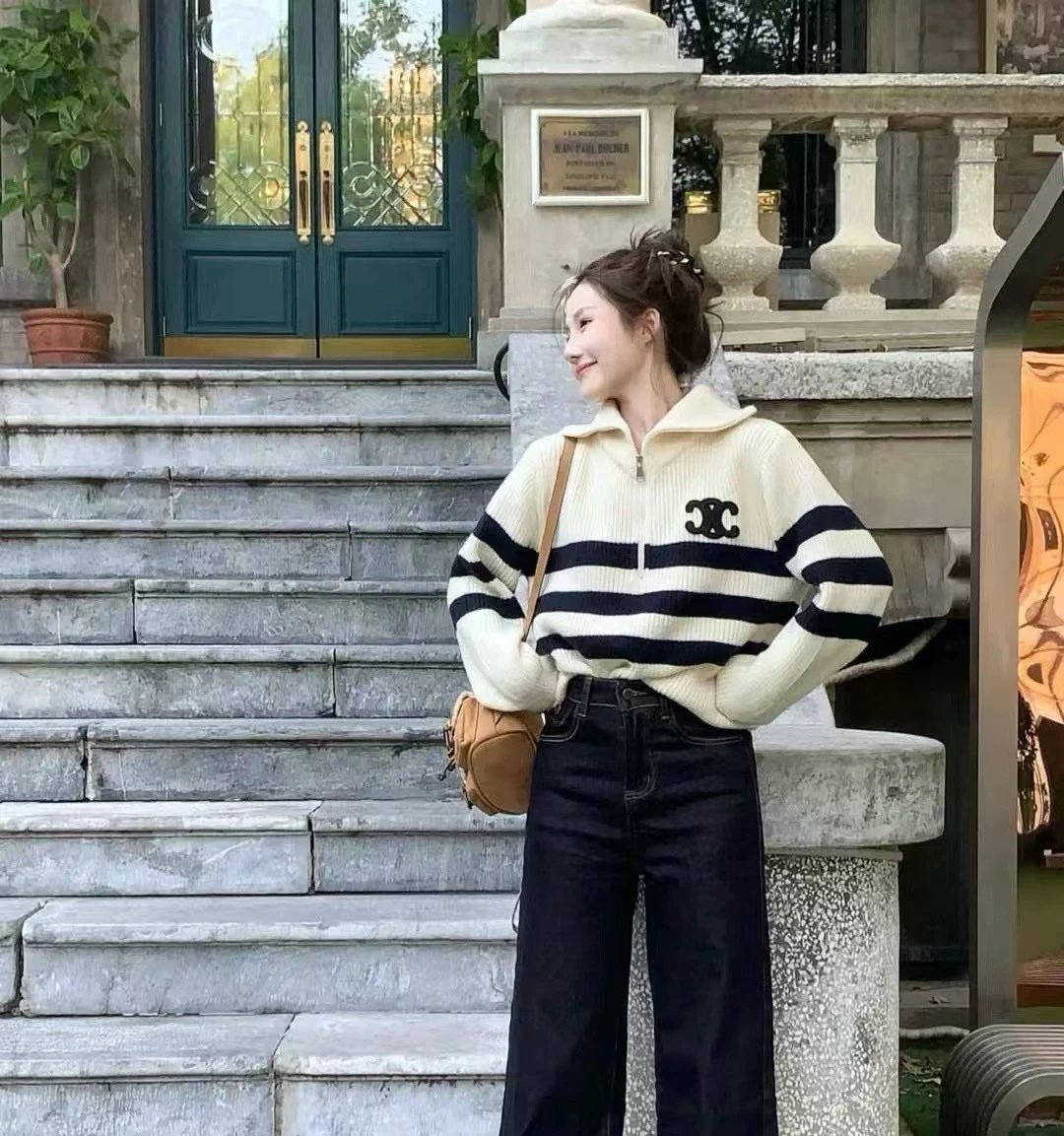 Celine CC Logo Half-Zip Striped Sweater in Cream and Navy - 9