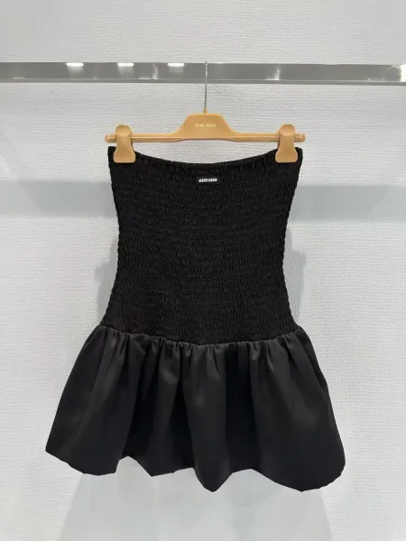 Miu Miu Smocked Satin Mini Dress Black - 2