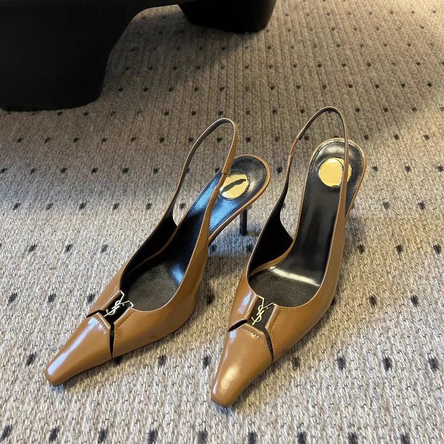 Saint Laurent High Heels Pointed-Toe Slingback with Gold YSL Logo image 2