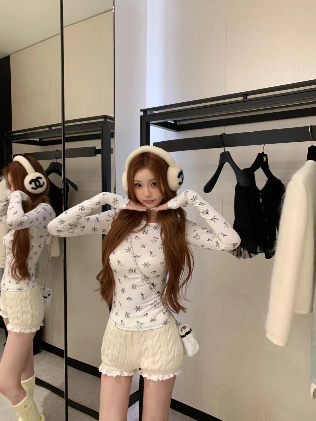 Chanel-Style Earmuffs + Printed Long-Sleeve Top + Cable-Knit Shorts Set - 6