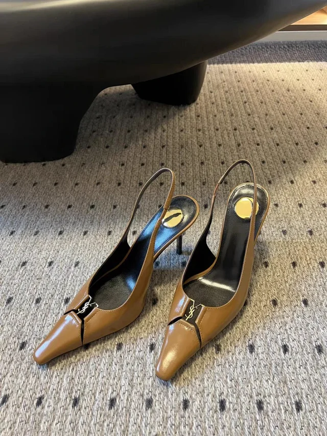 Saint Laurent High Heels Pointed-Toe Slingback with Gold YSL Logo product detail image 2