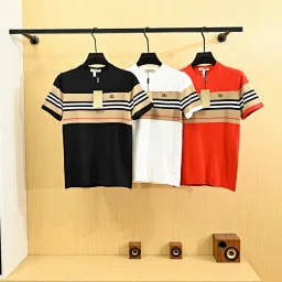 thumbnail for 2394 八宝丽26s春夏季冬男士圆领拼色条纹针织高端休闲短袖毛衣