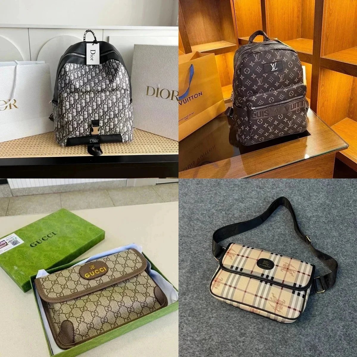 Dior Black Backpack, Louis Vuitton Monogram Backpack, Gucci GG Wallet, Burberry Crossbody Bag
