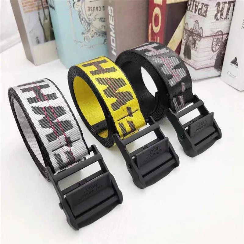 Off-White Patterned Canvas Belt with Black Buckle