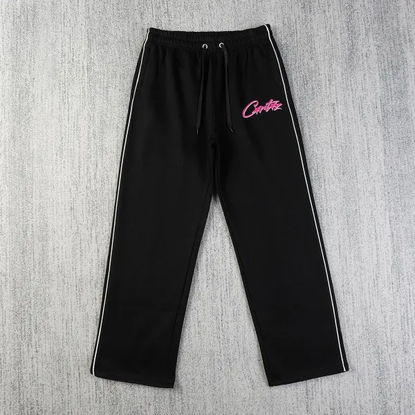 Corteiz Logo Embroidered Black Track Pants with White Stripes - 1