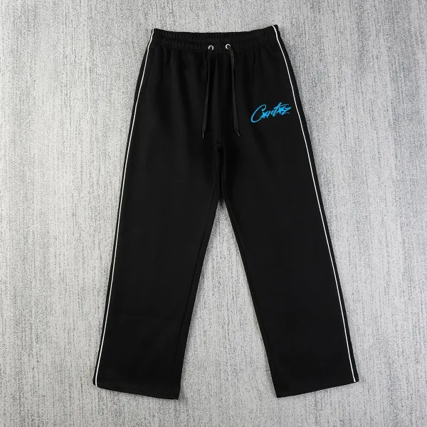 Corteiz Track Pants Black with White Stripes and Blue Logo Sweatpants - 1