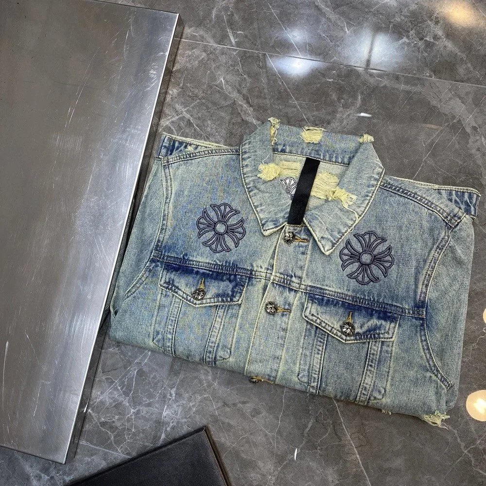 Chrome Hearts x A Bathing Ape Denim Jacket Light Wash Distressed Embroidered Floral - 7