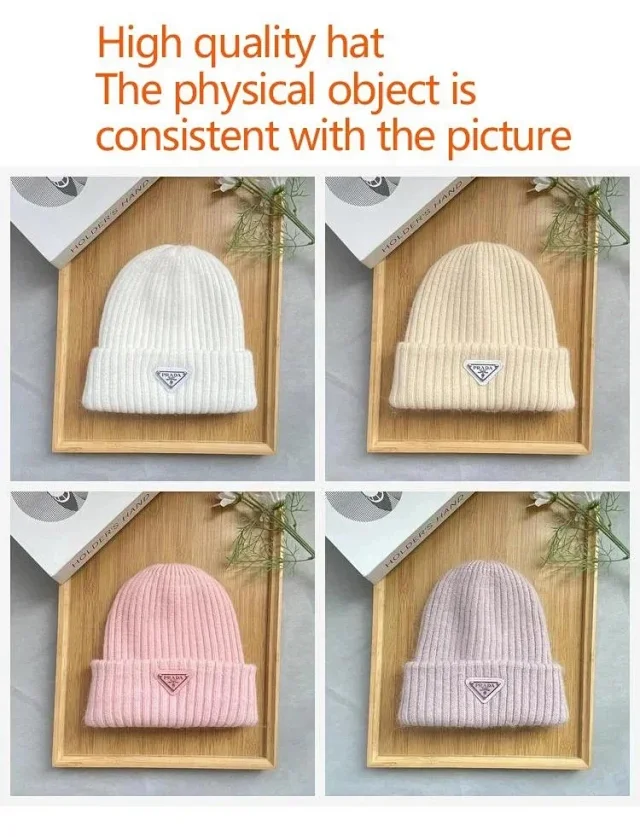 Prada Hats Ribbed Knit Beanie with Triangle Logo Plaque product detail image 1