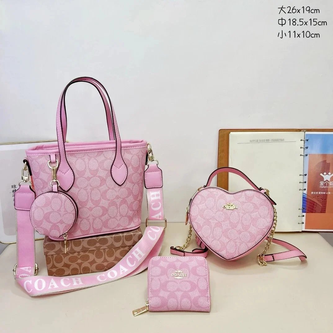 Coach Signature Pink Monogram Set: Tote Bag, Heart Crossbody, Coin Purse & Wallet