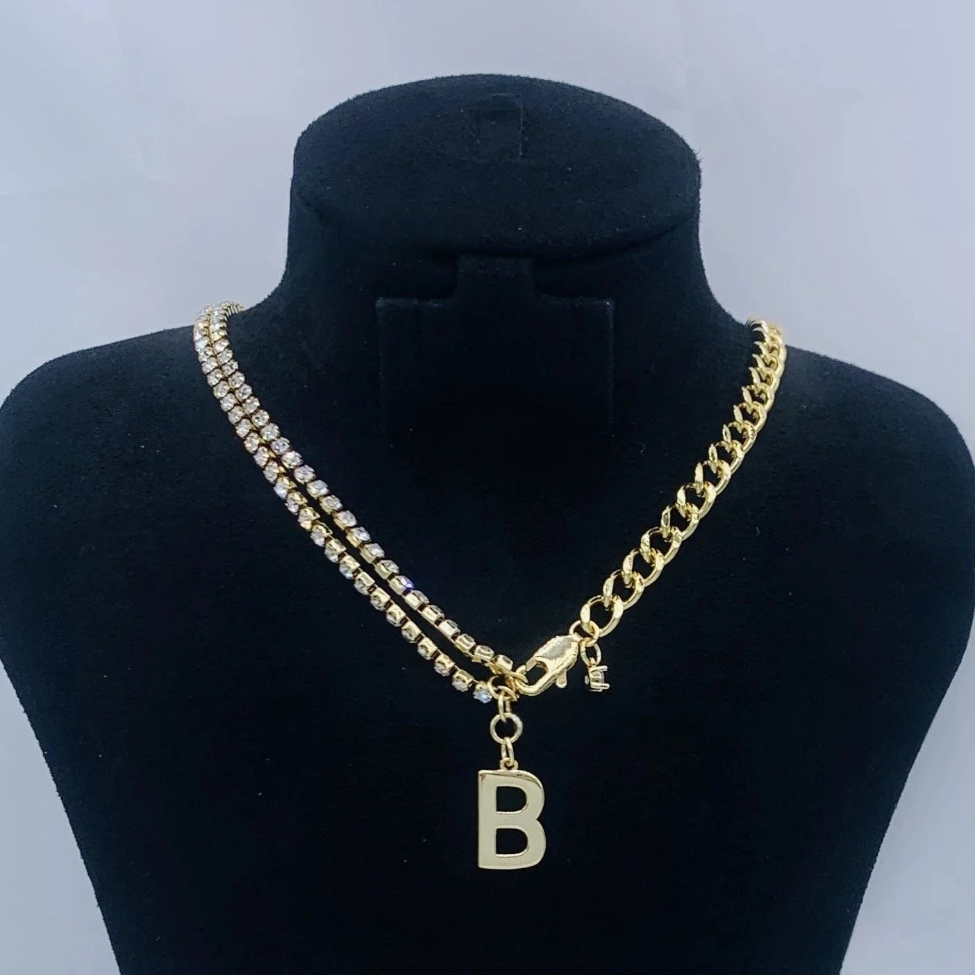 Gold Chain and Crystal Double-Strand Necklace with Letter B Pendant