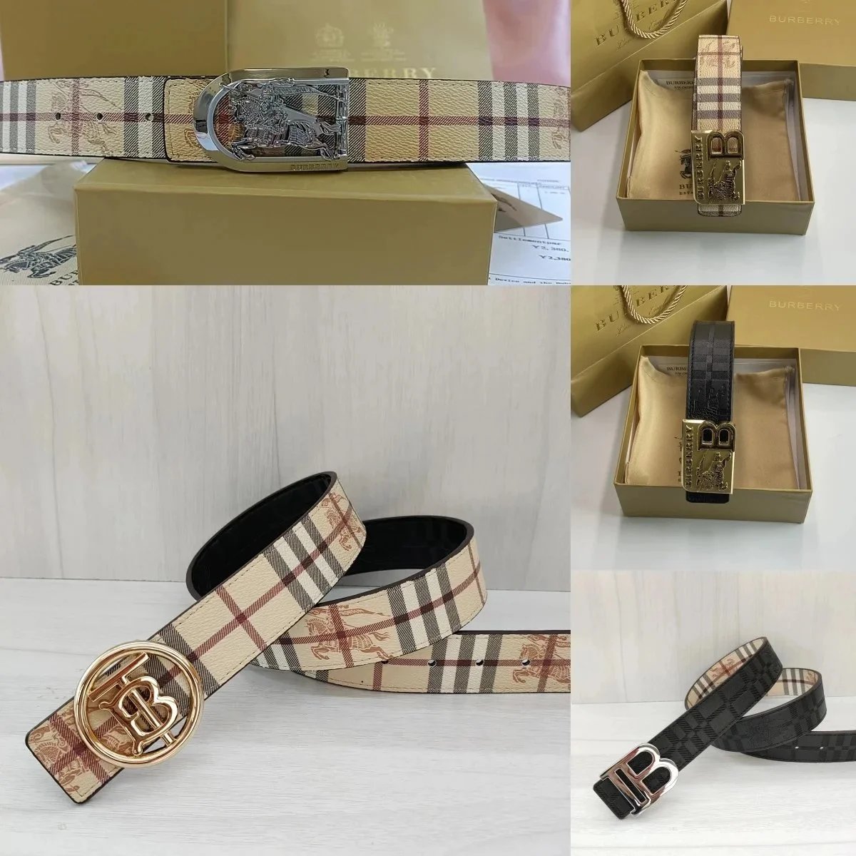 Burberry Beige and Black Plaid Belt with Metal Buckle