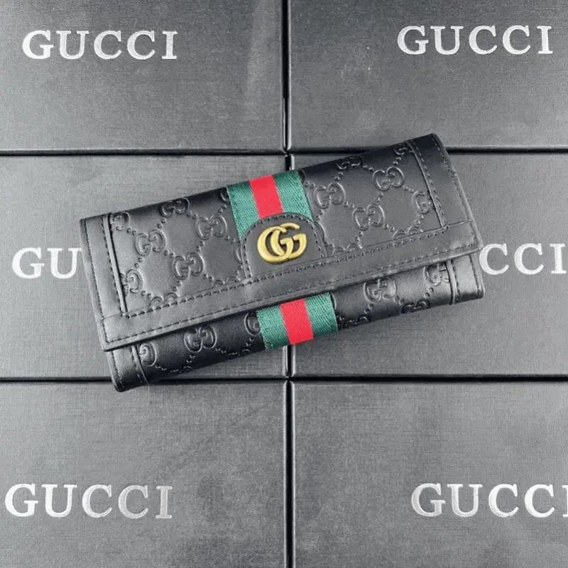 Gucci Black Embossed Wallet with Red and Green Stripe