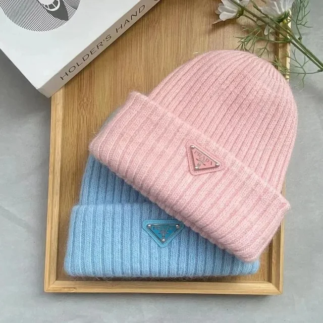 Prada Hats Ribbed Knit Beanie with Triangle Logo Plaque product detail image 2