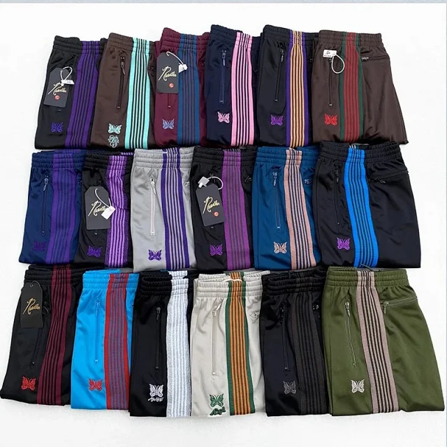Needles Trousers Striped track pants with butterfly embroidery product detail image 3