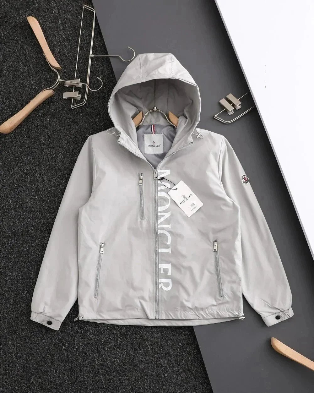 Moncler Logo Print Hooded Windbreaker Gray Outerwear - 3