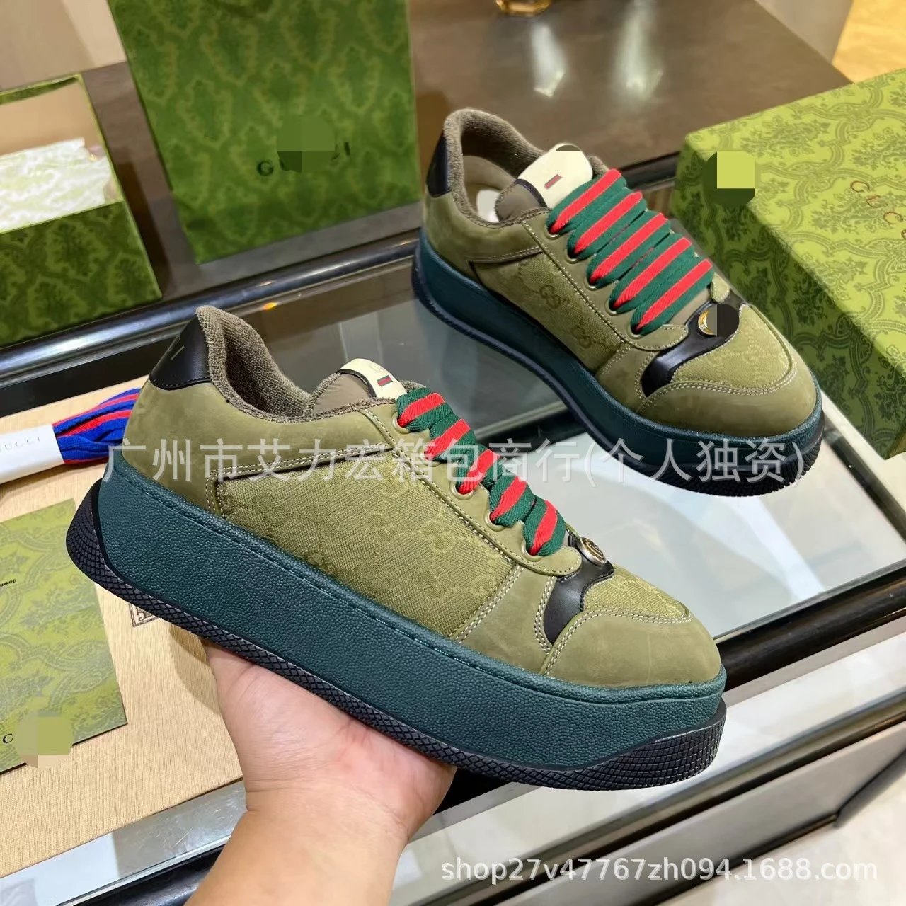Gucci Rhyton Chunky Sneakers Army Green with Red-Green Web Laces