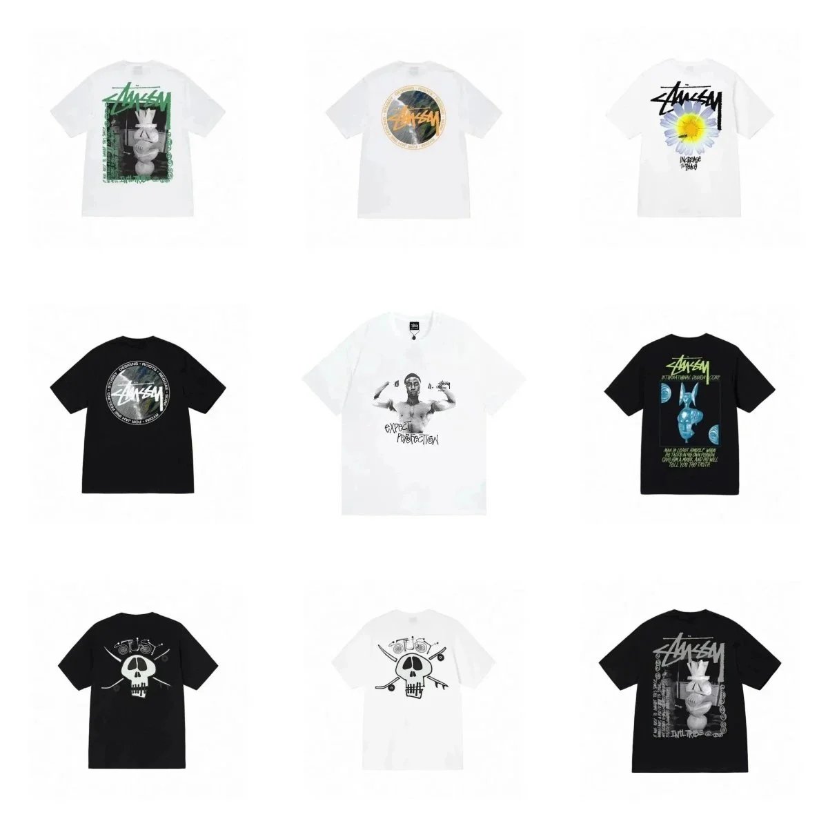 Stussy Black and White Graphic T-Shirt Collection