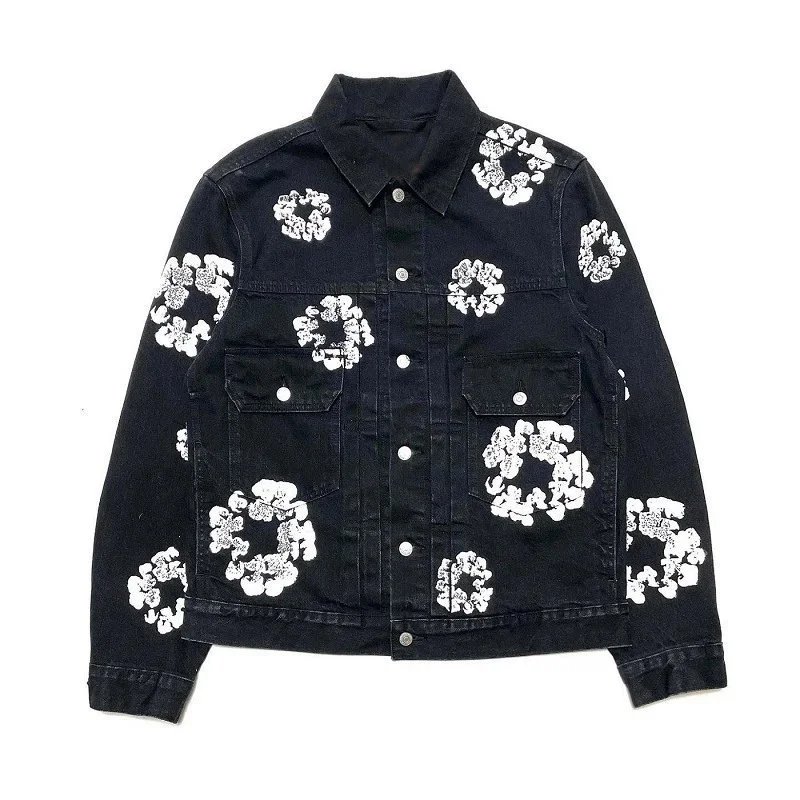 Black Denim Jacket with White Floral Pattern