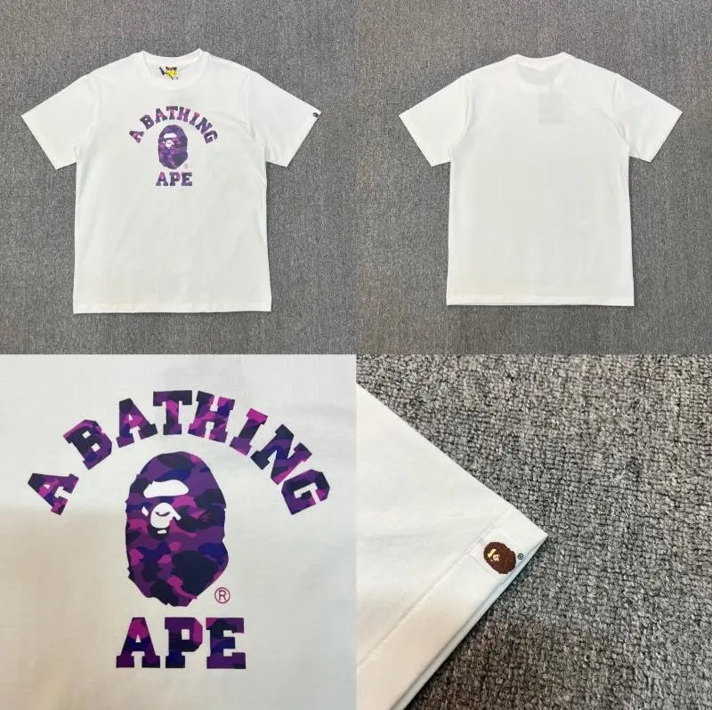 A BATHING APE T-Shirts Short-Sleeve Graphic and Camouflage Logo — XX085 White Purple