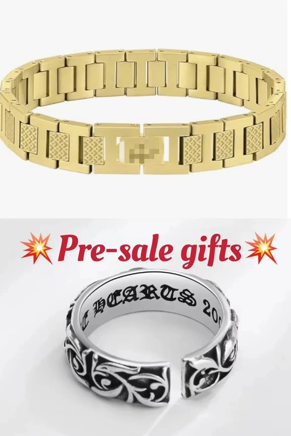 Gold Link Bracelet and Silver Floral Ring Set
