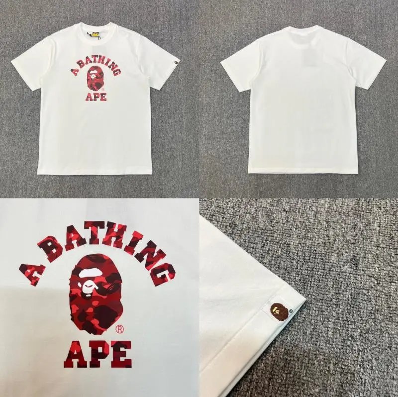 A BATHING APE T-Shirts Short-Sleeve Graphic and Camouflage Logo — XX085 White and Red