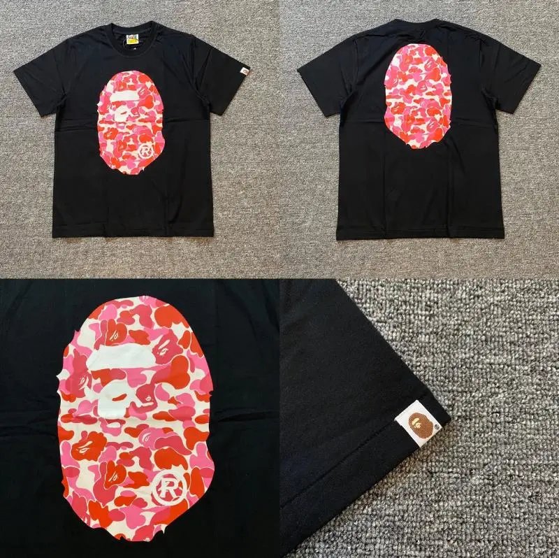 A BATHING APE T-Shirts Short-Sleeve Graphic and Camouflage Logo — XX363 Black Pink
