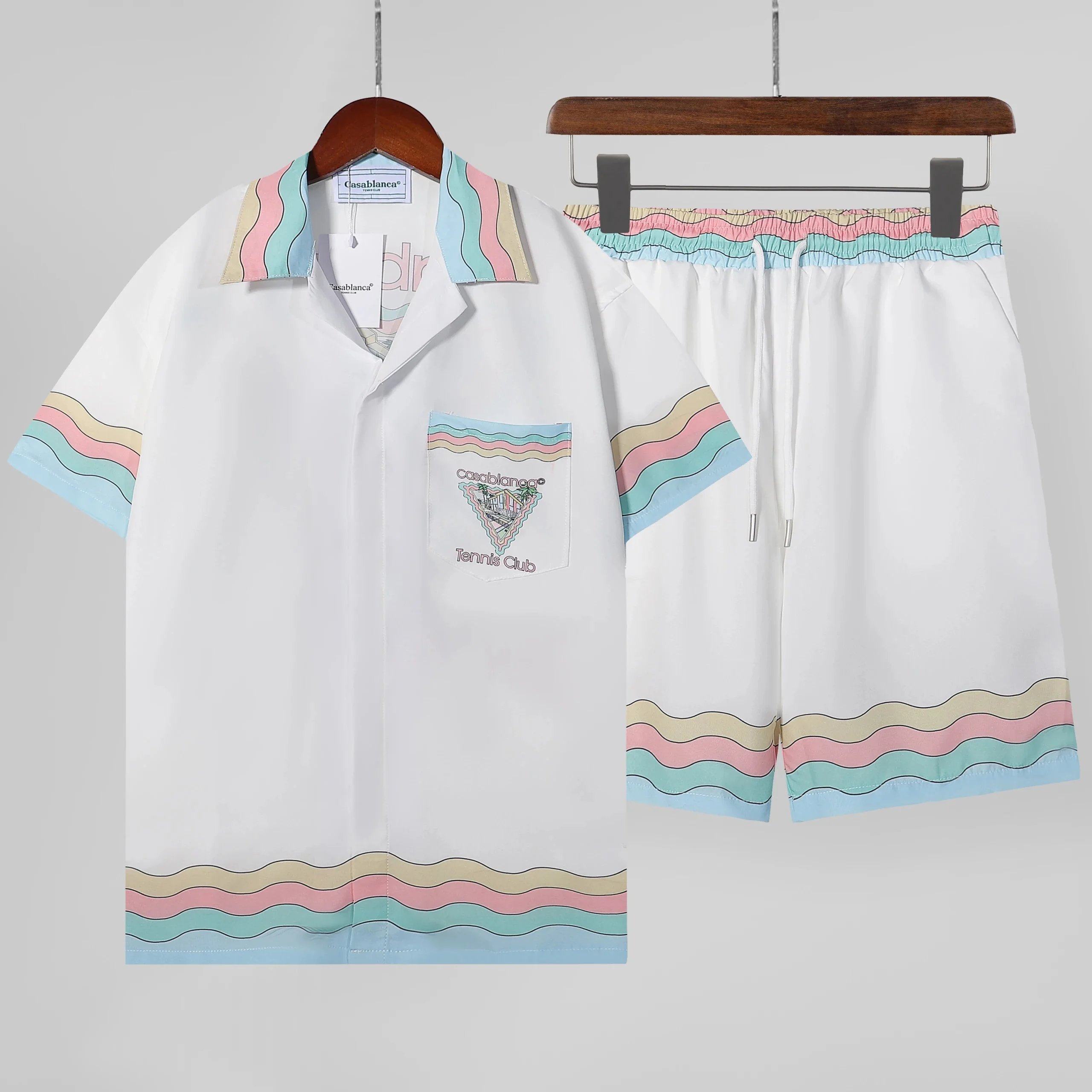 Casablanca White Wavy Stripe Shirt and Shorts Set