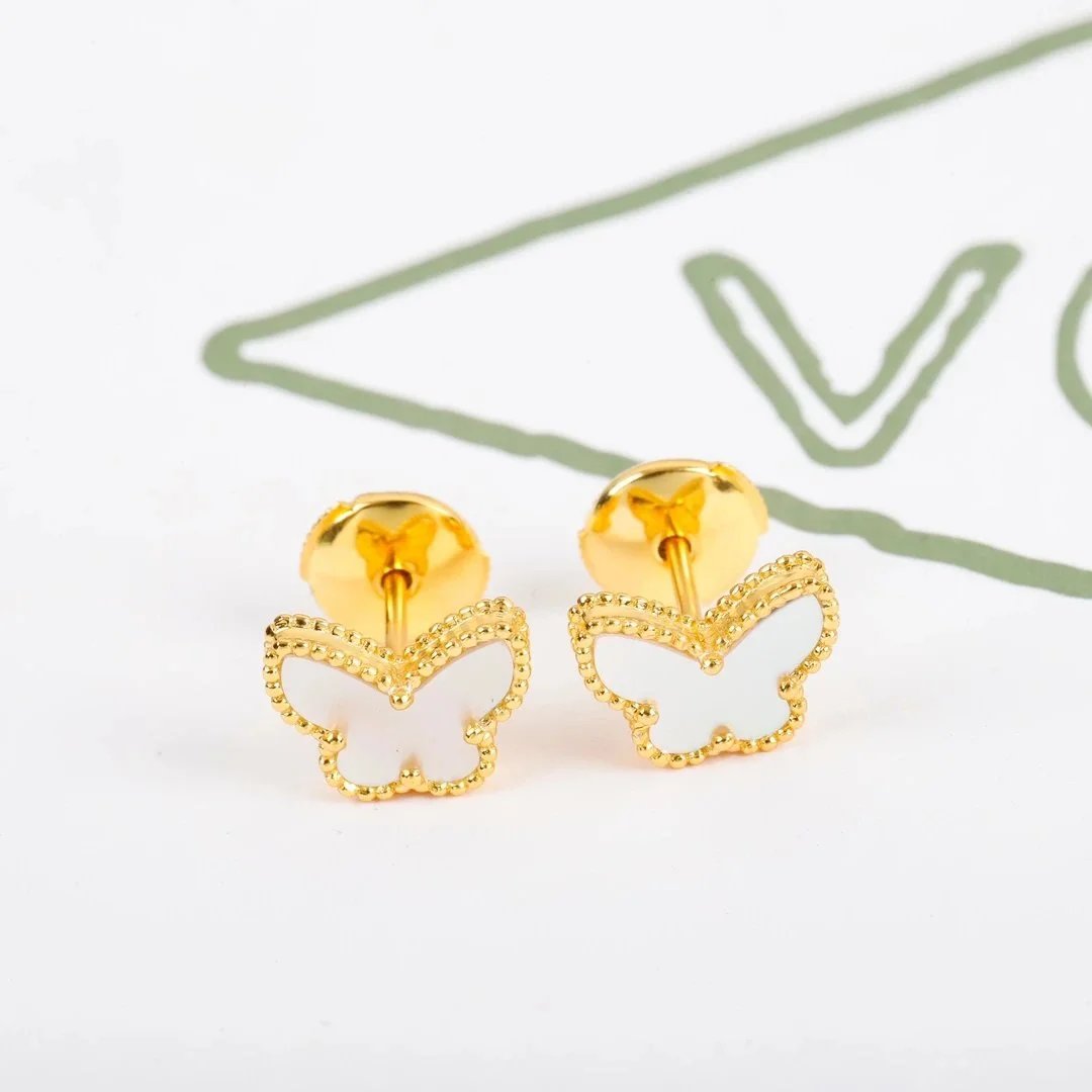 Gold Butterfly Stud Earrings with White Mother-of-Pearl Inlay - 1