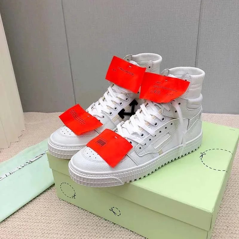 Off-White Diagonal Arrow High-Top Sneakers White with Green Laces and Orange Tags - 4