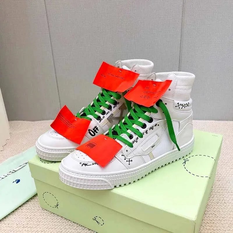 Off-White Diagonal Arrow High-Top Sneakers White with Green Laces and Orange Tags - 3