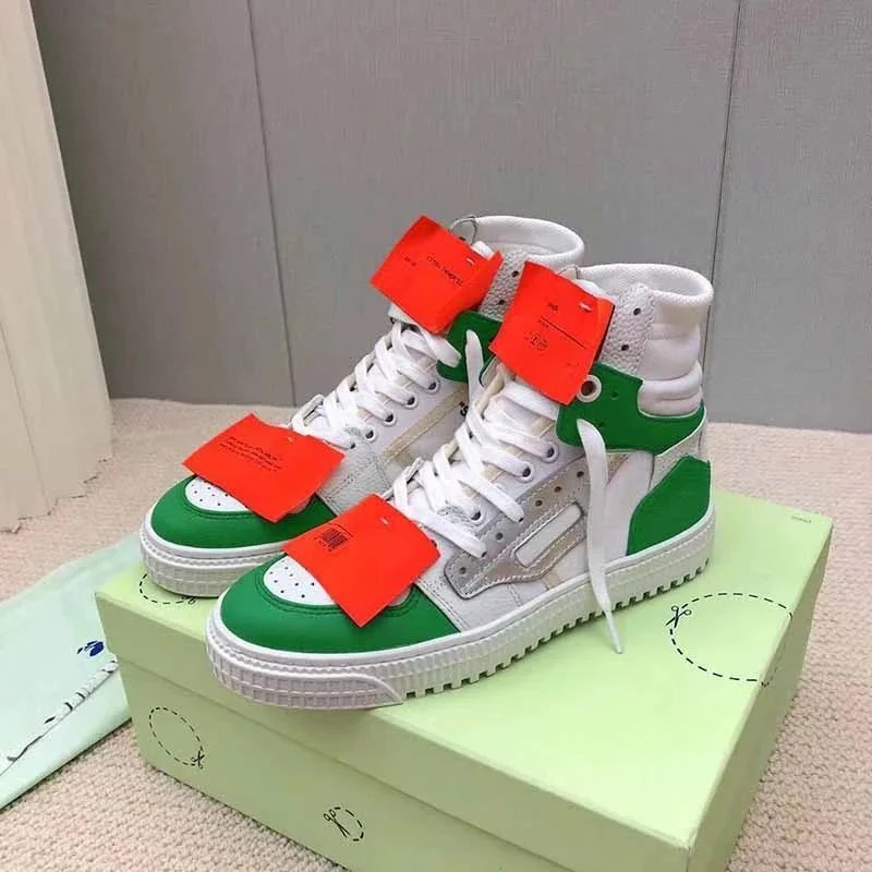 Off-White Diagonal Arrow High-Top Sneakers White with Green Laces and Orange Tags - 8
