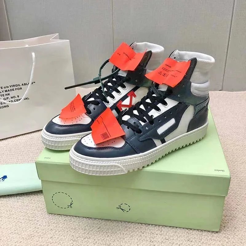 Off-White Diagonal Arrow High-Top Sneakers White with Green Laces and Orange Tags - 11