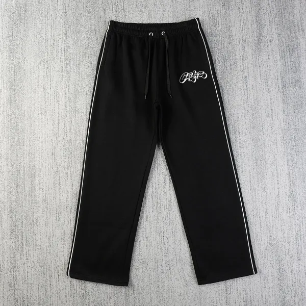 Corteiz Track Pants Black with White Stripe and Logo - 1