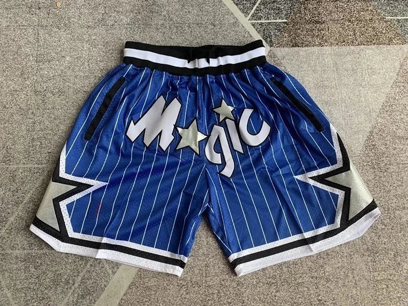 Blue 'Magic' Basketball Shorts with White Stripes and Star Design