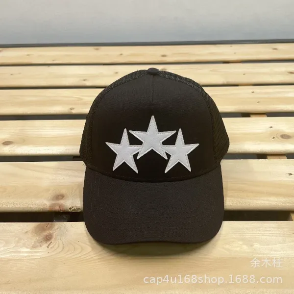 Three Stars Embroidered Black Mesh Back Baseball Cap - 1