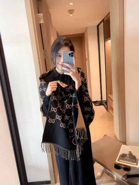 Gucci GG Marmont Shawl Black Gold-Print Cashmere Scarf - 1