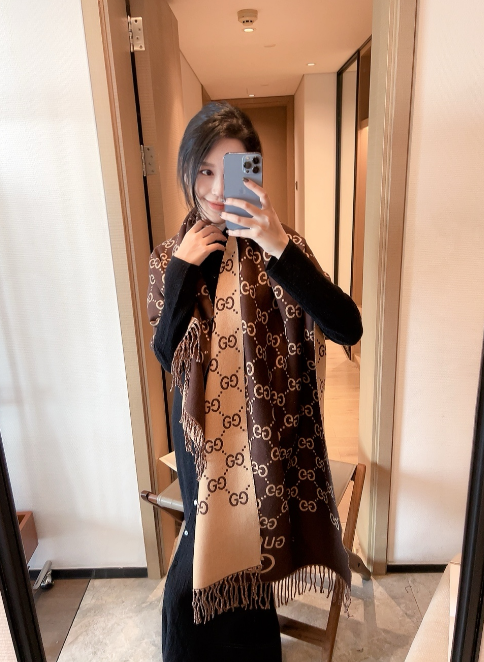 Gucci GG Marmont Wool Scarf Beige and Brown Cashmere-Blend Scarf - 1